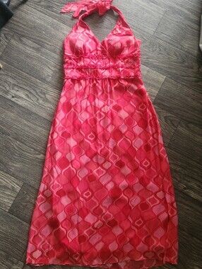 Y2K Sangria Pink Silk Abstract Halter Dress Fairycore